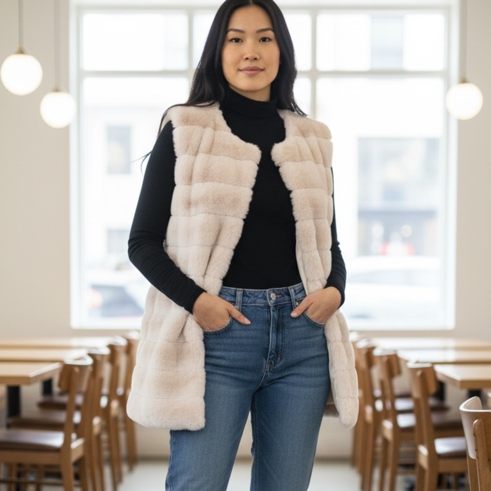 INC 253681 Women Quilted Faux-Fur Duster Ivory Vest Size S/M